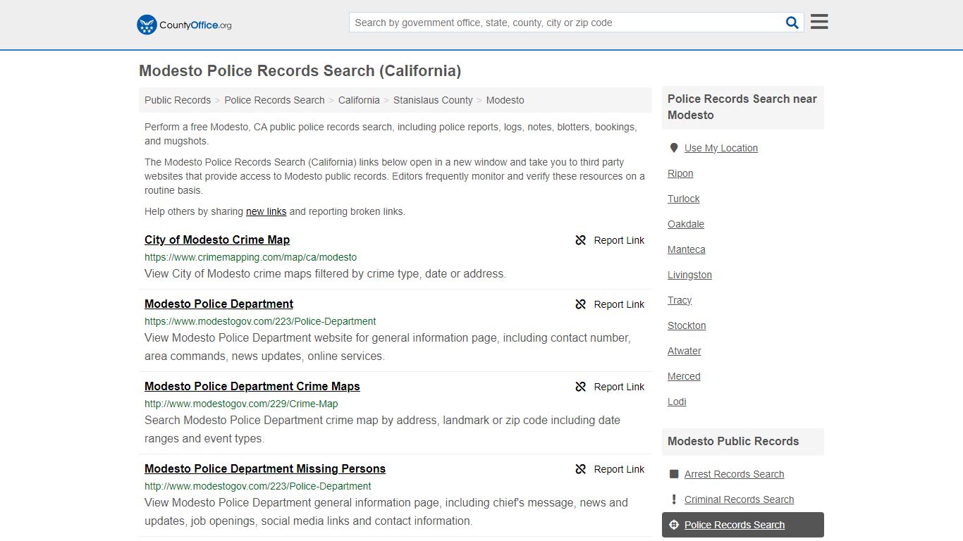 Modesto Police Records Search (California) - County Office